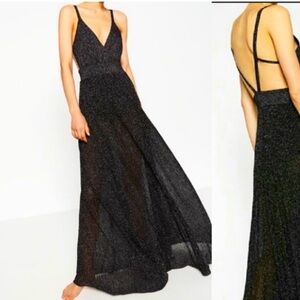 Zara Black Sparkly Metallic Semi Sheer Maxi Dress Medium